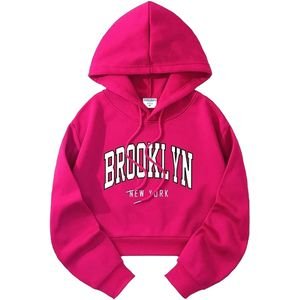 Danami Crop Hoodie With Brooklyn New York Print - Fuchsia Pink