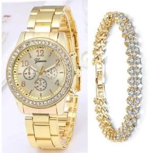 Geneva Unisex Rhinestone Casual Wrist Watch With Bracelet- Gold