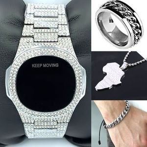 Keep Moving Best Seller/Never Fading Silver Studded Wrist Watch + Hand Chain + Necklace + Ring For Big Boys