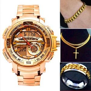Best Seller/Never Fading Dual Timer Gold Wrist Watch + Hand Chain + Necklace + Ring For Big Boys