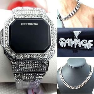 Keep Moving Best Seller/Sophisticated Silver Studded Wrist Watch + Hand Chain + Studded Necklace -Unisex